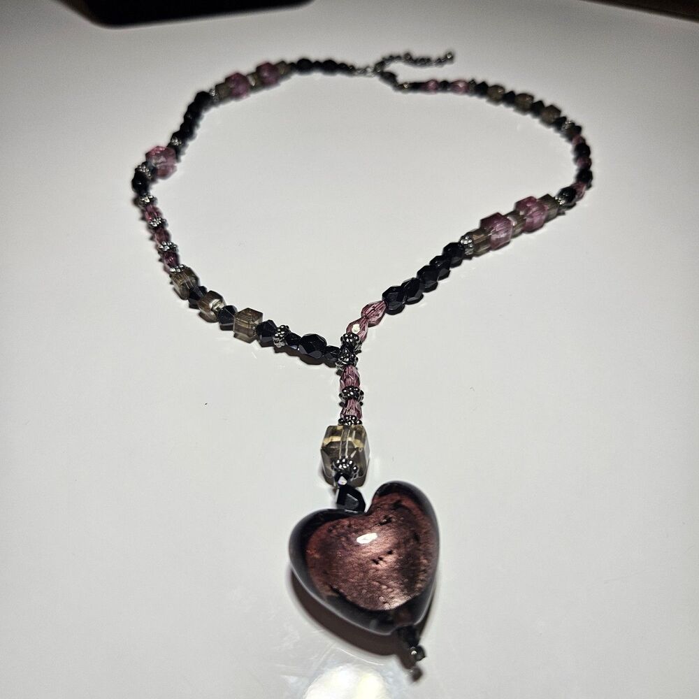 Avenue Silver Tone Purple Glass Heart Pendant Beaded Necklace 21-24"